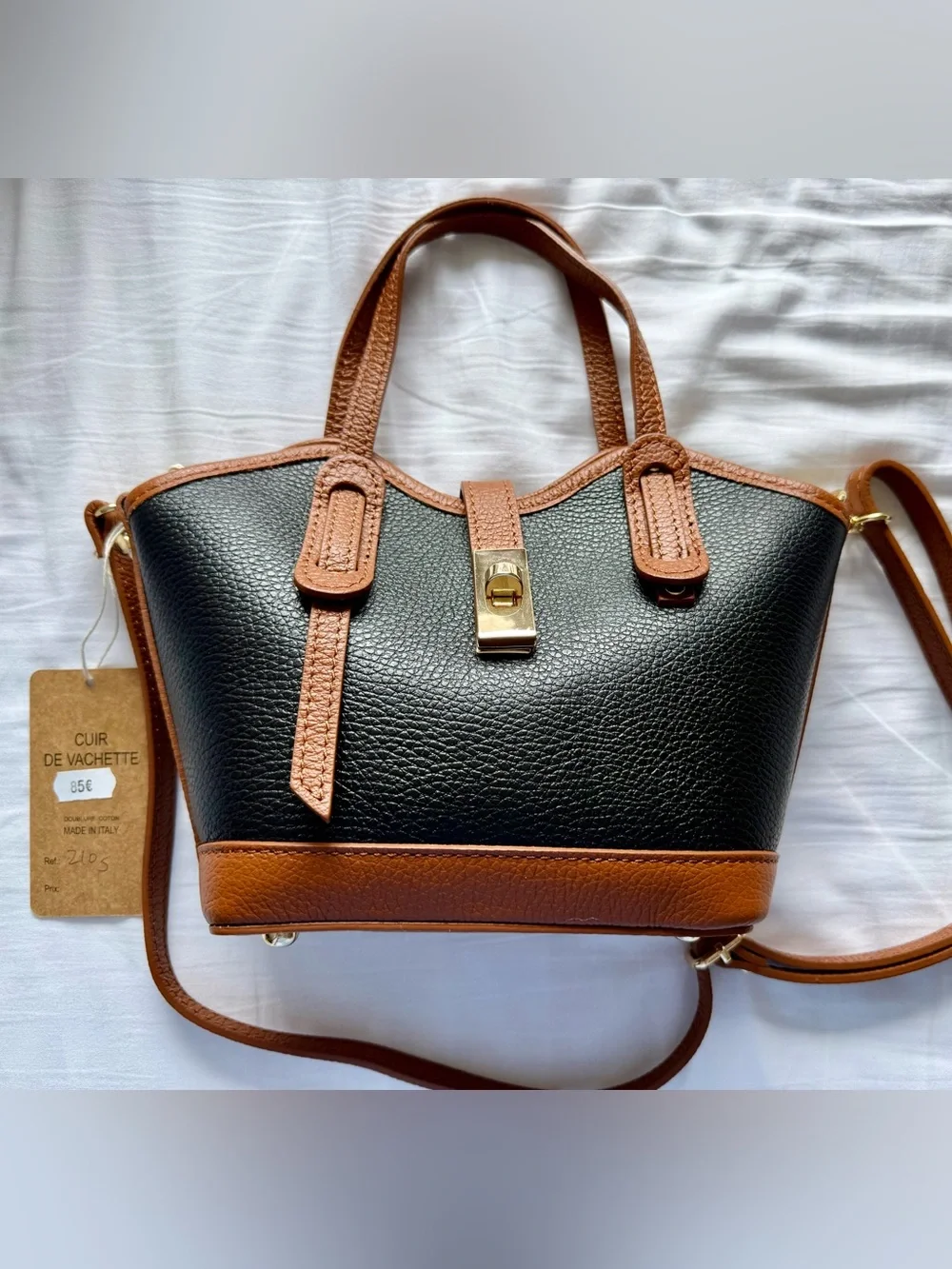 NWT Kevim Paris Black & Tan Leather Tote Bag with Gold Lock.